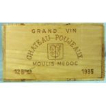 1995 Chateau Poujeaux, Moulis-en-Medoc, France.12 whole bottles. 12.5% Vol. 75 cl. OWC unopened.