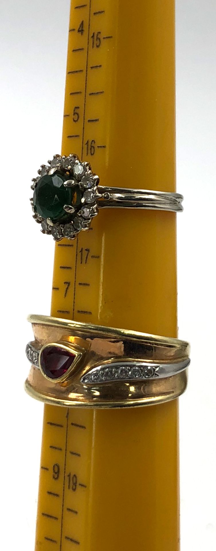 2 rings. 750 gold. 12.6 grams gross.Emerald (proably treated) surrounded by 15 brilliant-cut - Image 12 of 12