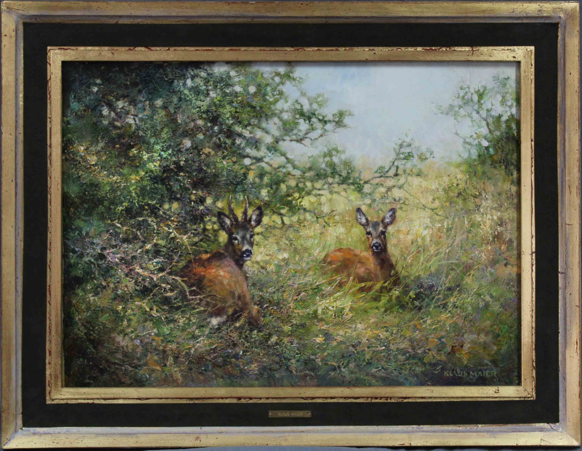 Klaus MAIER (XX).Strong roe buck in summer.51 cm x 70 cm. Painting. Oil on canvas. Signed lower - Bild 2 aus 5