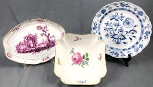 Serving plate, bowl and plate Meissen. Porcelain.Up to 32 cm x 24 cm. Restored among other things.