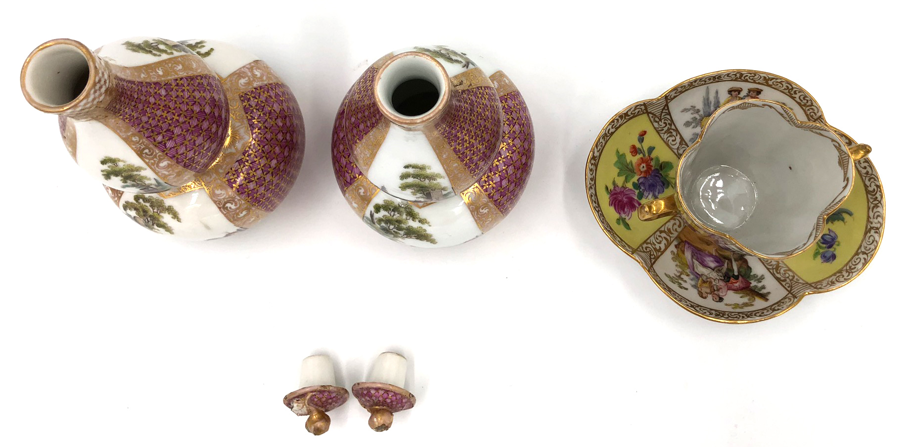 Porcelain. Probably early Meissen.2 double pumpkin bottles with stoppers, '' AR '' mark, and a cup - Image 10 of 13