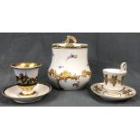 Meissen porcelain. Cookie jar, plus two cups with saucers.Up to 18.5 cm. Also Pfeifferzeit. With