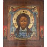 ICON (XIX). Jesus in front of a cloth held by two angels.45 cm x 39 cm. Painting. Mixed media.