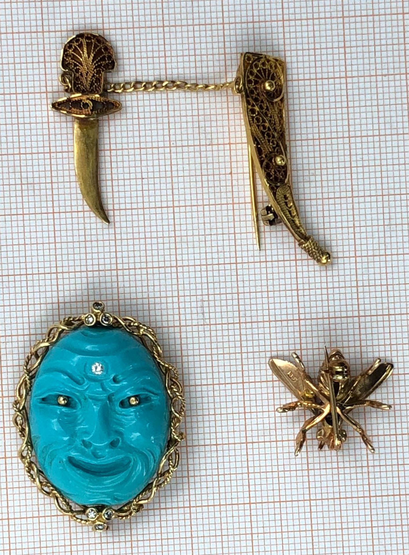 3 brooches. Also turquoise and diamond.Brooch with turquoise head with diamonds, 750 gold, 37 mm - Bild 12 aus 12