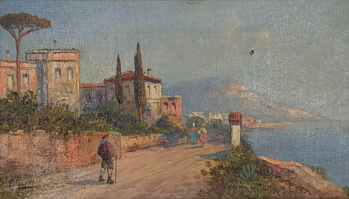 Georg FISCHHOF (1859 - 1914). Gulf of Naples with Vesuvius.19 cm x 32 cm. Painting. Oil on canvas.