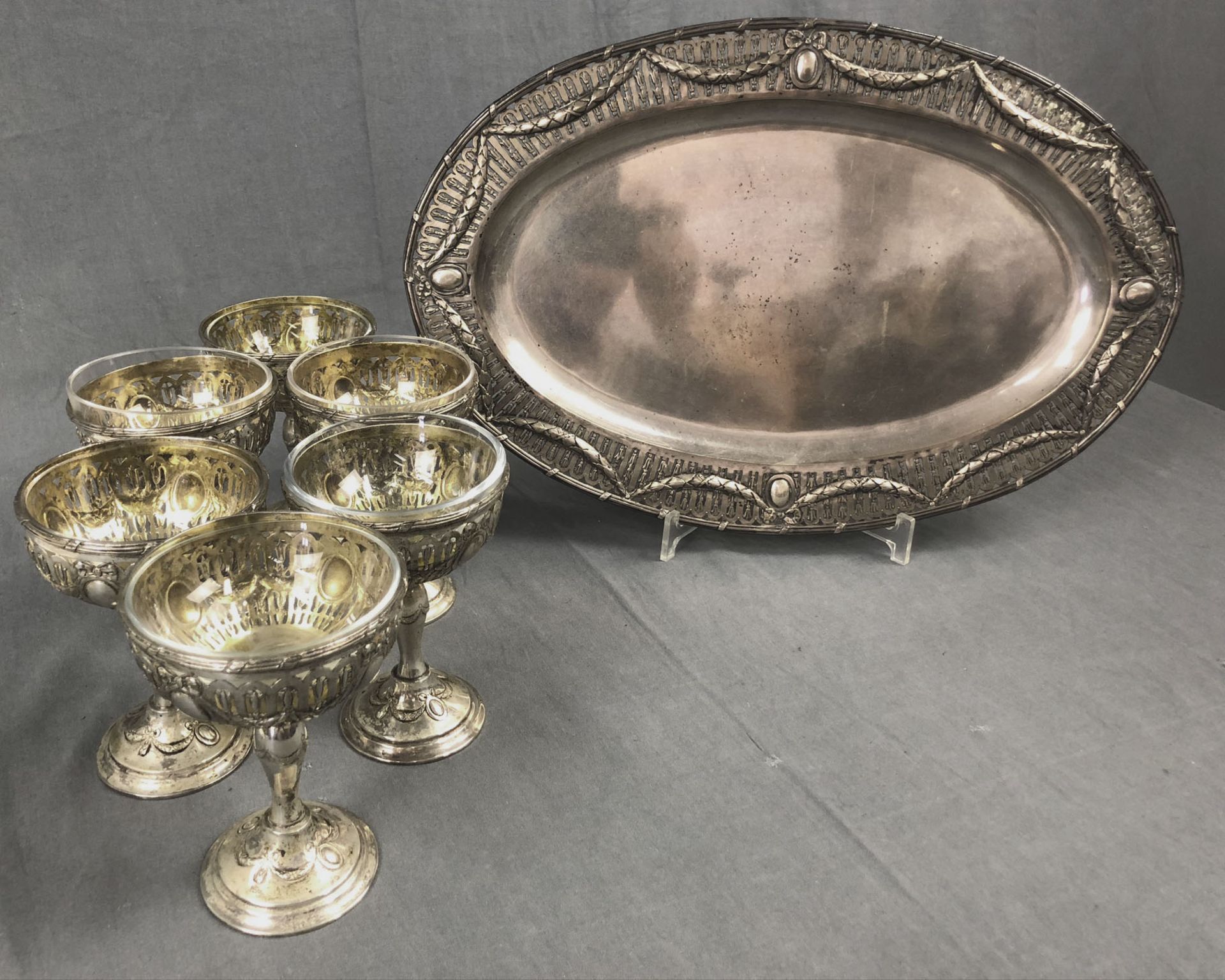 800 silver, 6 goblets with glass insert and tray. Art Nouveau.Circa 1850 grams of silver. Hallmarks: - Image 5 of 12
