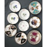 9 plates of porcelain. Meissen, '' AR '', Fürstenberg, Dresden.Up to 23.5 cm in diameter. With