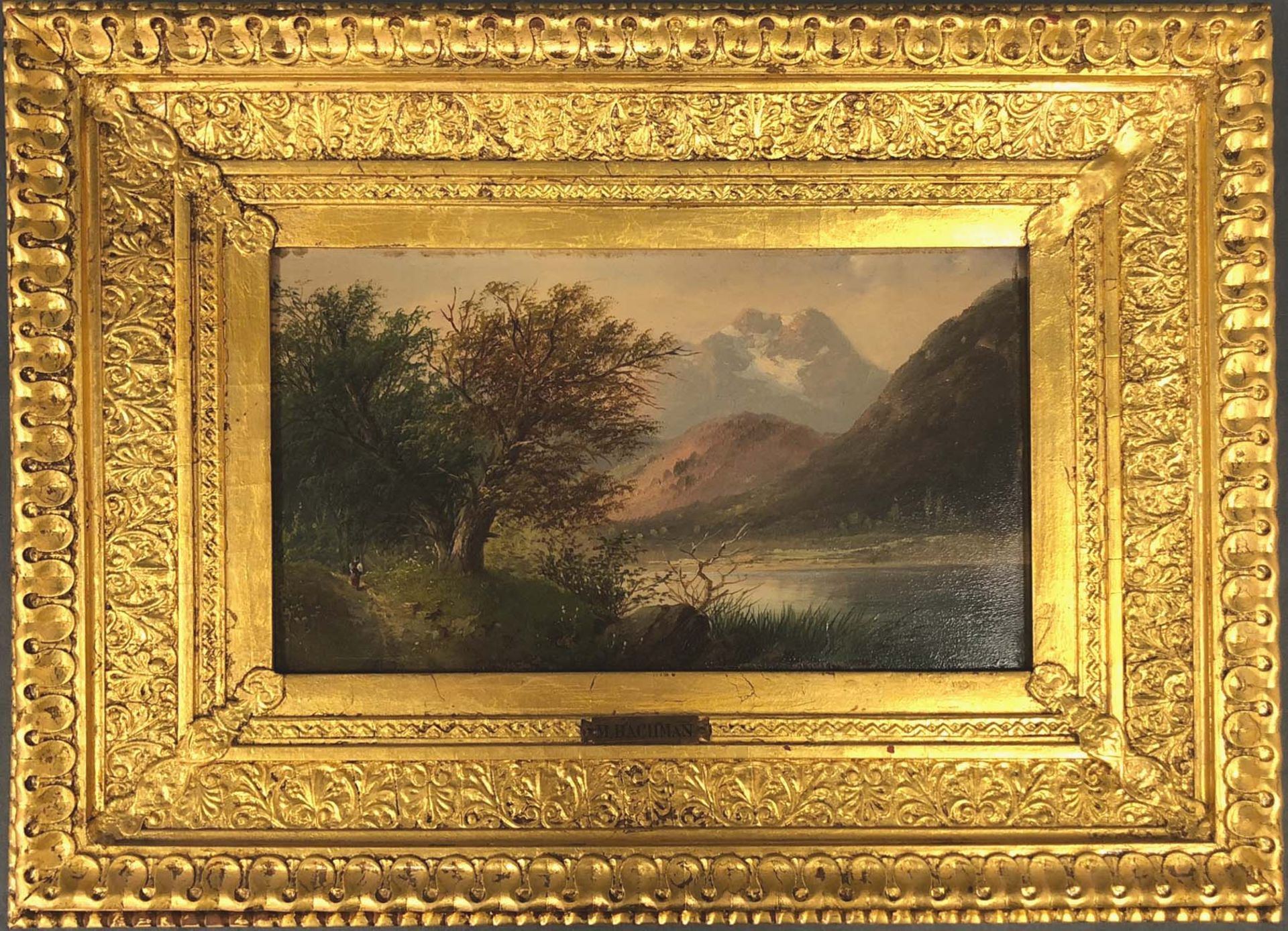 M. Bachman (XIX). "Grüße aus der Schweiz"18 cm x 31.5 cm. Painting. Oil on wood. Scratch signature - Bild 6 aus 6