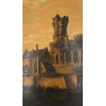 UNSIGNED (XVIII - XIX). Castle complex with boat.61cm x 38 cm. Painting. Oil on wood. No signature