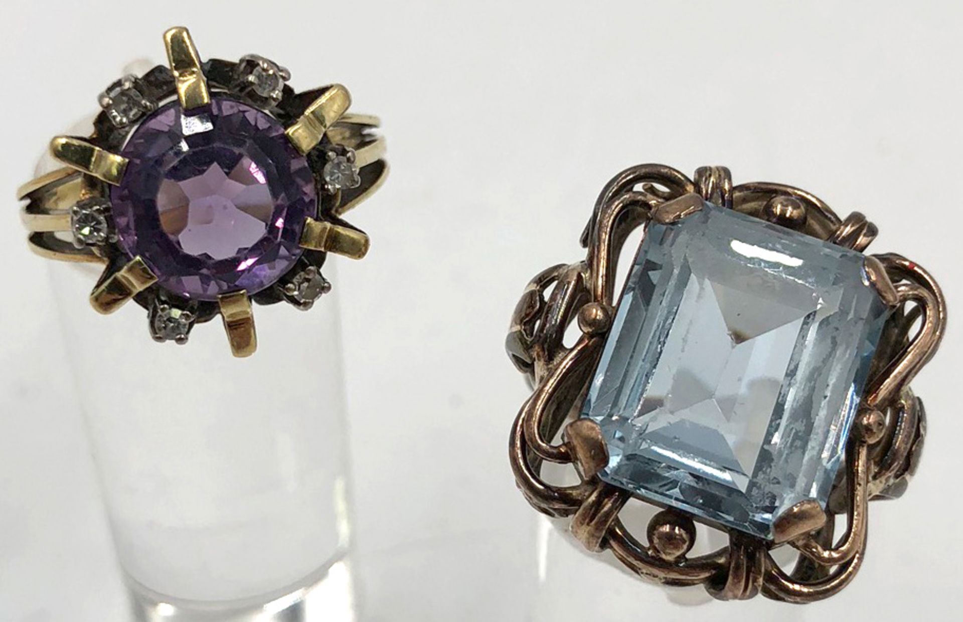 2 rings yellow gold 585.One with amethyst and 6 small diamonds. The other ring with a light blue - Bild 3 aus 10