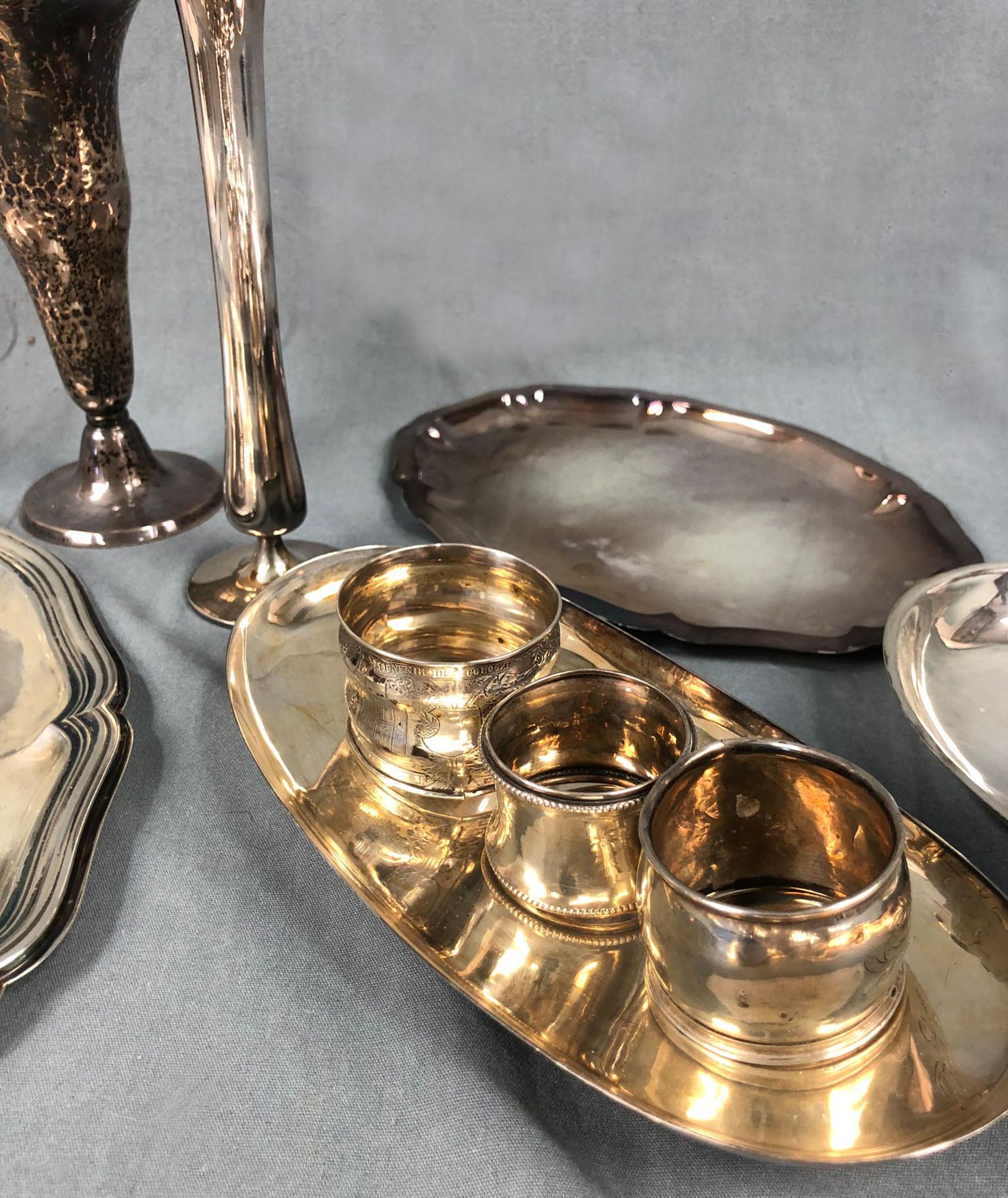 Silver. Trays, coasters, bowls, napkin rings and vases.At least 2353 grams of silver. Weighed - Image 7 of 13
