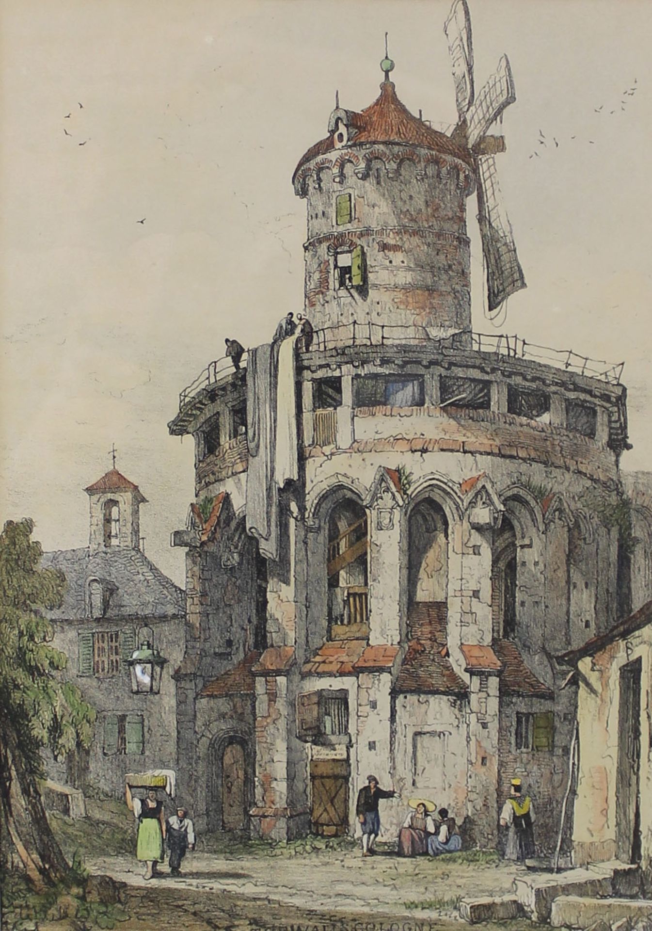 Samuel PROUT (1783 - 1852). "On the Walls, Cologne".37 cm x 26 cm the cut out. Color Lithograph,