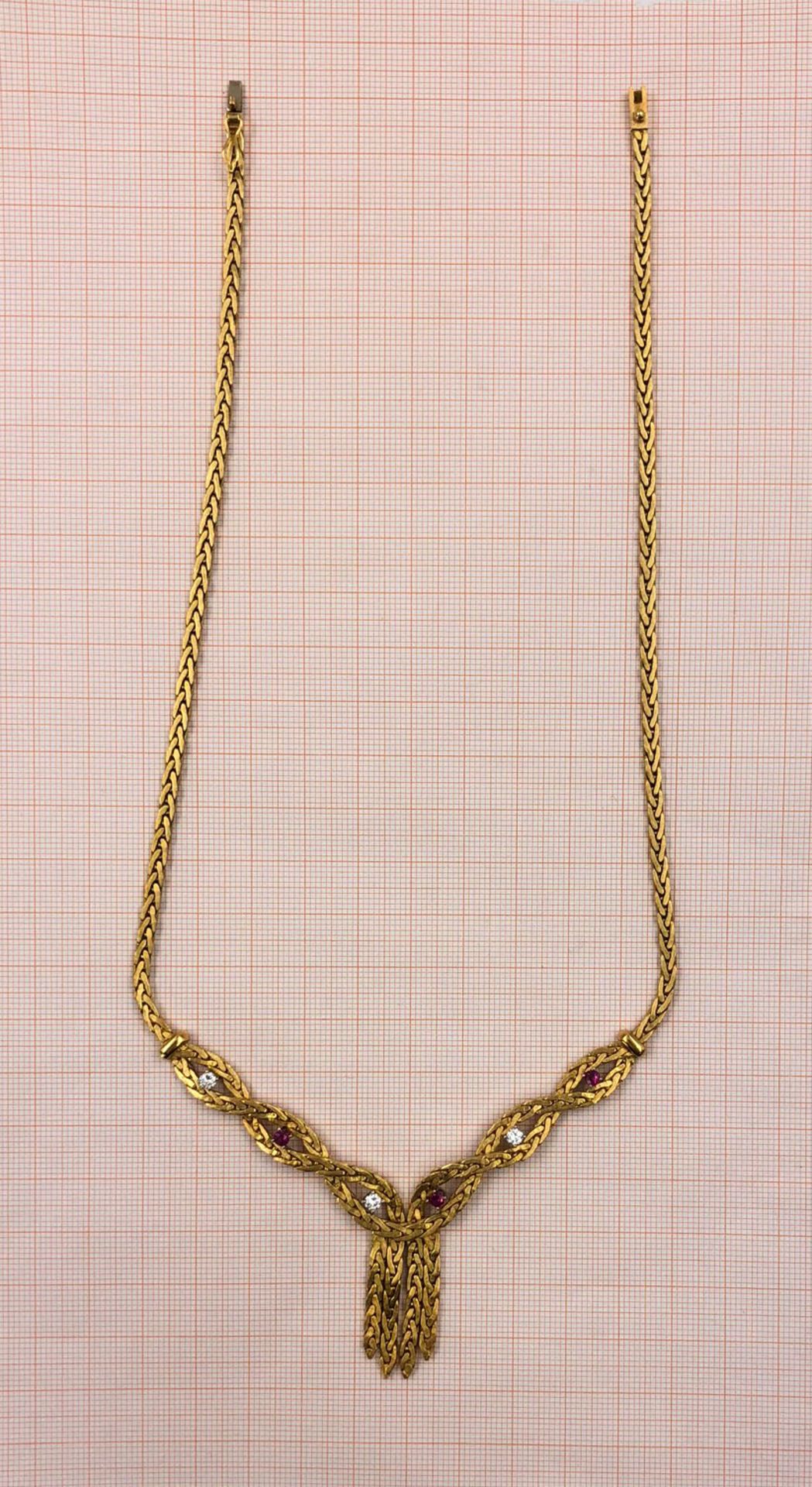 Gold 750 necklace with diamonds and rubies.Total weight 41.3 grams. The 3 diamonds together total - Image 10 of 10