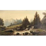 Julius ZOPF (1838 - 1897). Torrent in the Alps.18 cm x 31.5 cm. Painting. Oil on wood. Signed