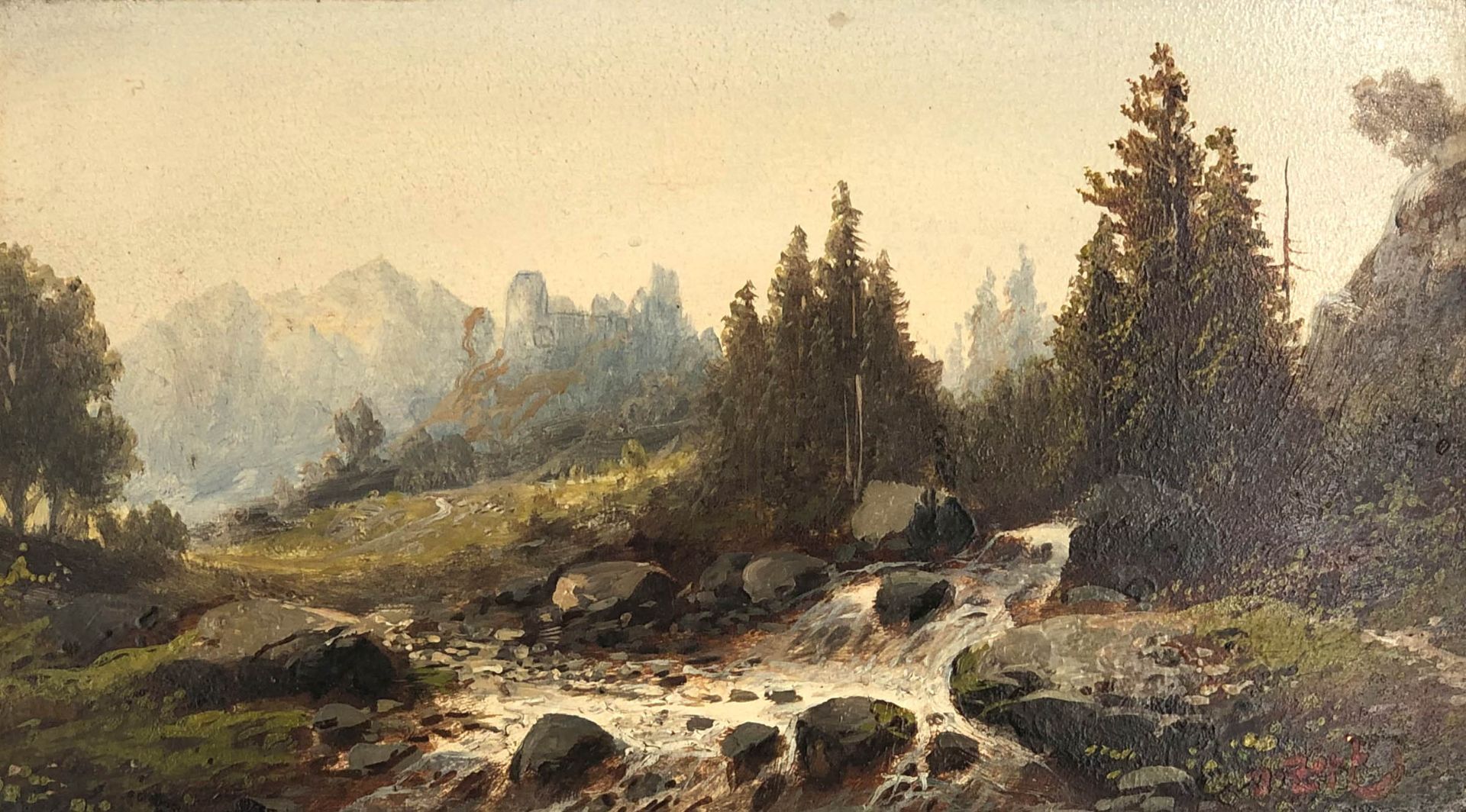 Julius ZOPF (1838 - 1897). Torrent in the Alps.18 cm x 31.5 cm. Painting. Oil on wood. Signed