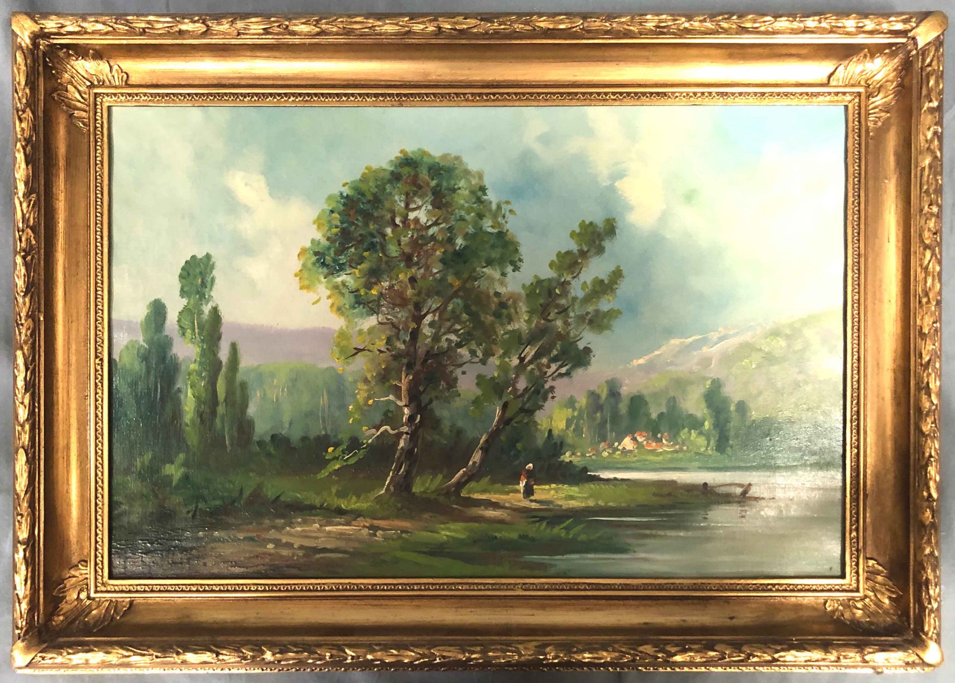 INDISTINCTLY SIGNED (XIX - XX). River landscape.38 cm x 61 cm. Painting. Oil on canvas. Signed lower - Bild 5 aus 5