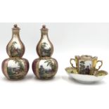 Porcelain. Probably early Meissen.2 double pumpkin bottles with stoppers, '' AR '' mark, and a cup