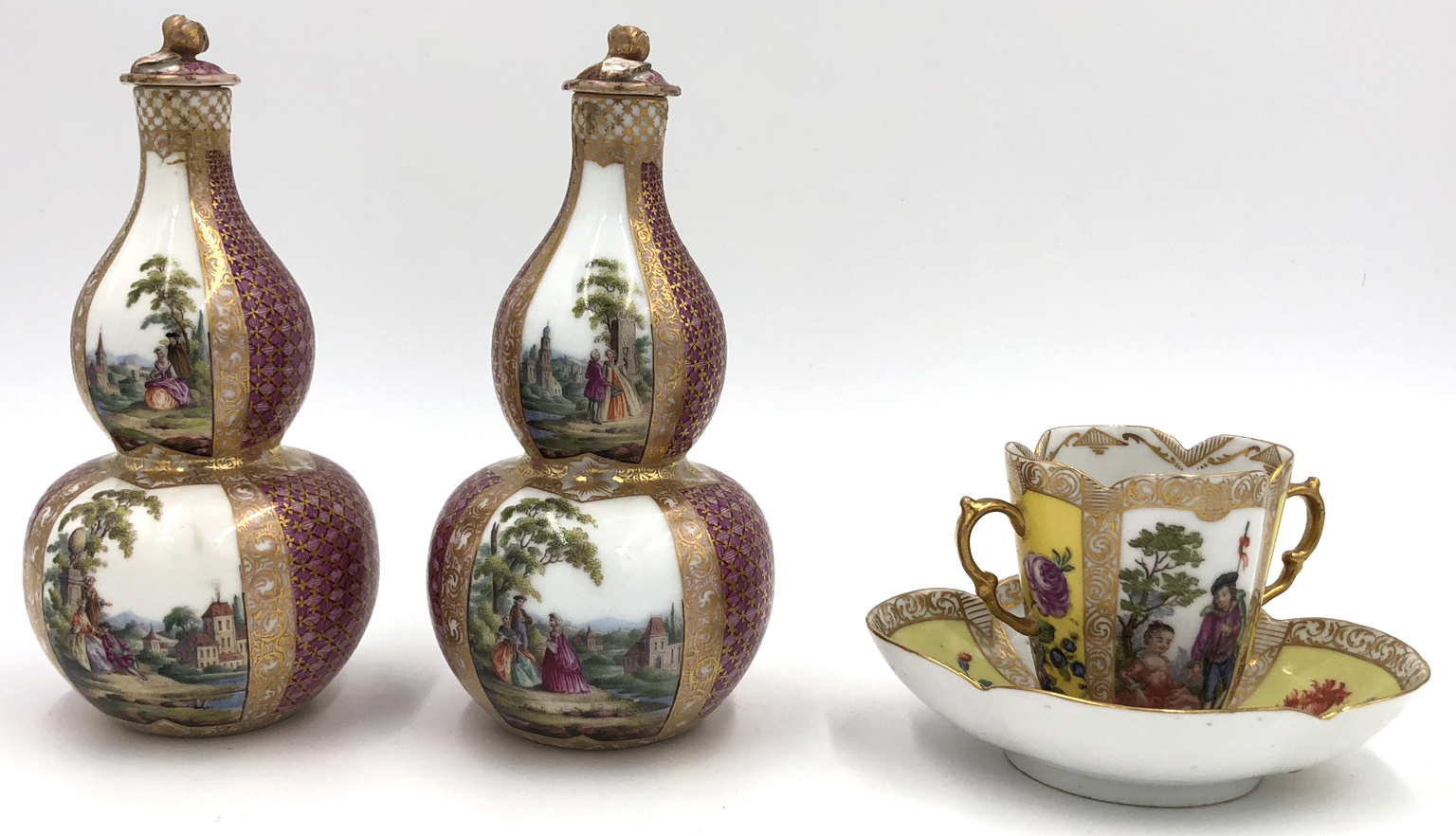 Porcelain. Probably early Meissen.2 double pumpkin bottles with stoppers, '' AR '' mark, and a cup - Image 7 of 13