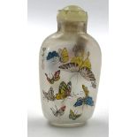 Snuff bottle. China. Probably old. Glass with interior painting. Butterflies.77 mm high. Signed?