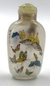 Snuff bottle. China. Probably old. Glass with interior painting. Butterflies.77 mm high. Signed?