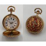 585 gold, three lid pocket watch. 11 diamonds, guilloche enamel, pearls.3 cm diameter without