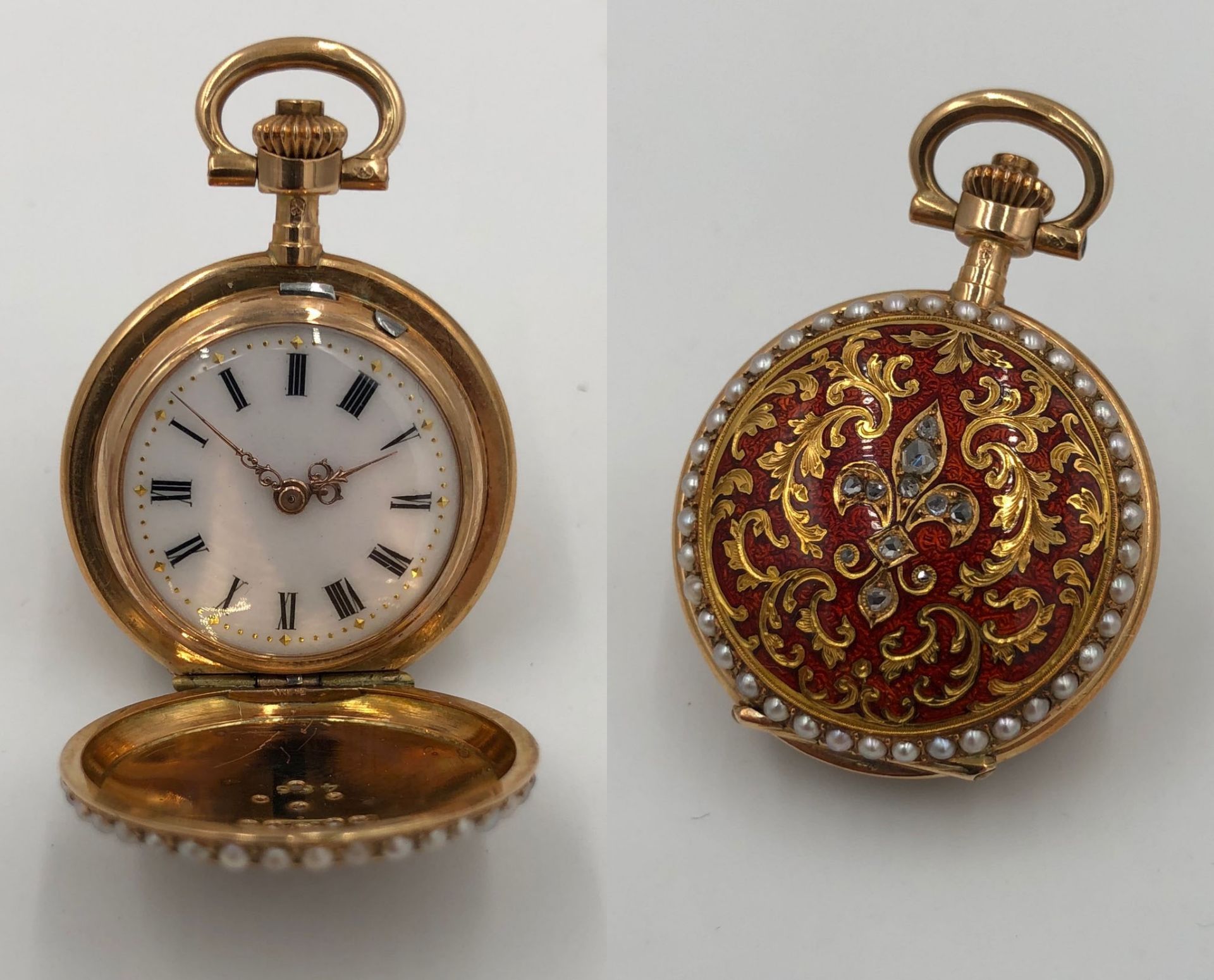 585 gold, three lid pocket watch. 11 diamonds, guilloche enamel, pearls.3 cm diameter without