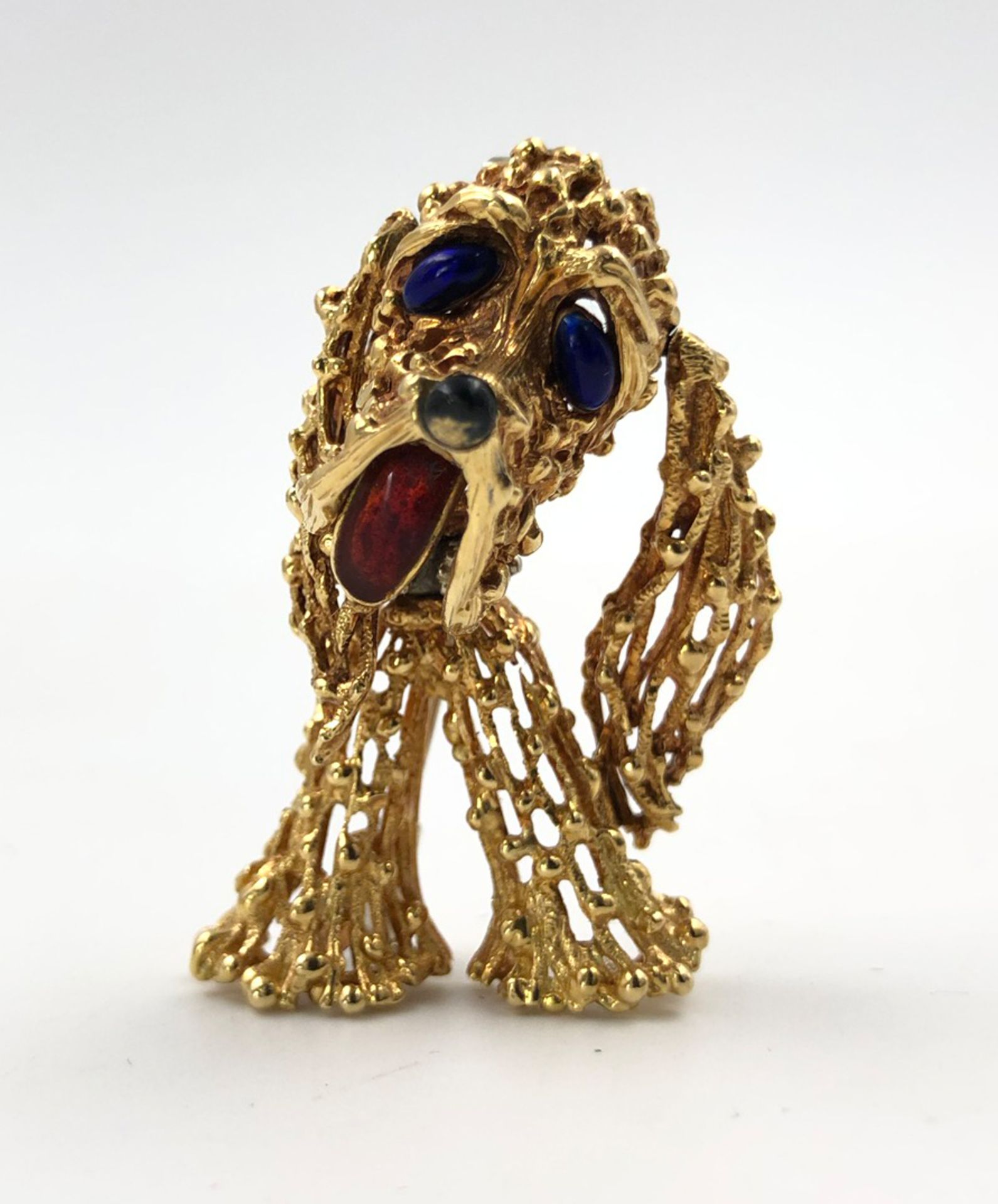 Brooch. Poodle. 750 gold. Gemstones.16.9 grams gross. Goldsmithing. Probably one of a kind.