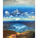 Horst G. LOEWEL (1939 -). ''Die Welle vor dem Wolkenberg''.70 cm x 60 cm. Paintings, oil and sand on