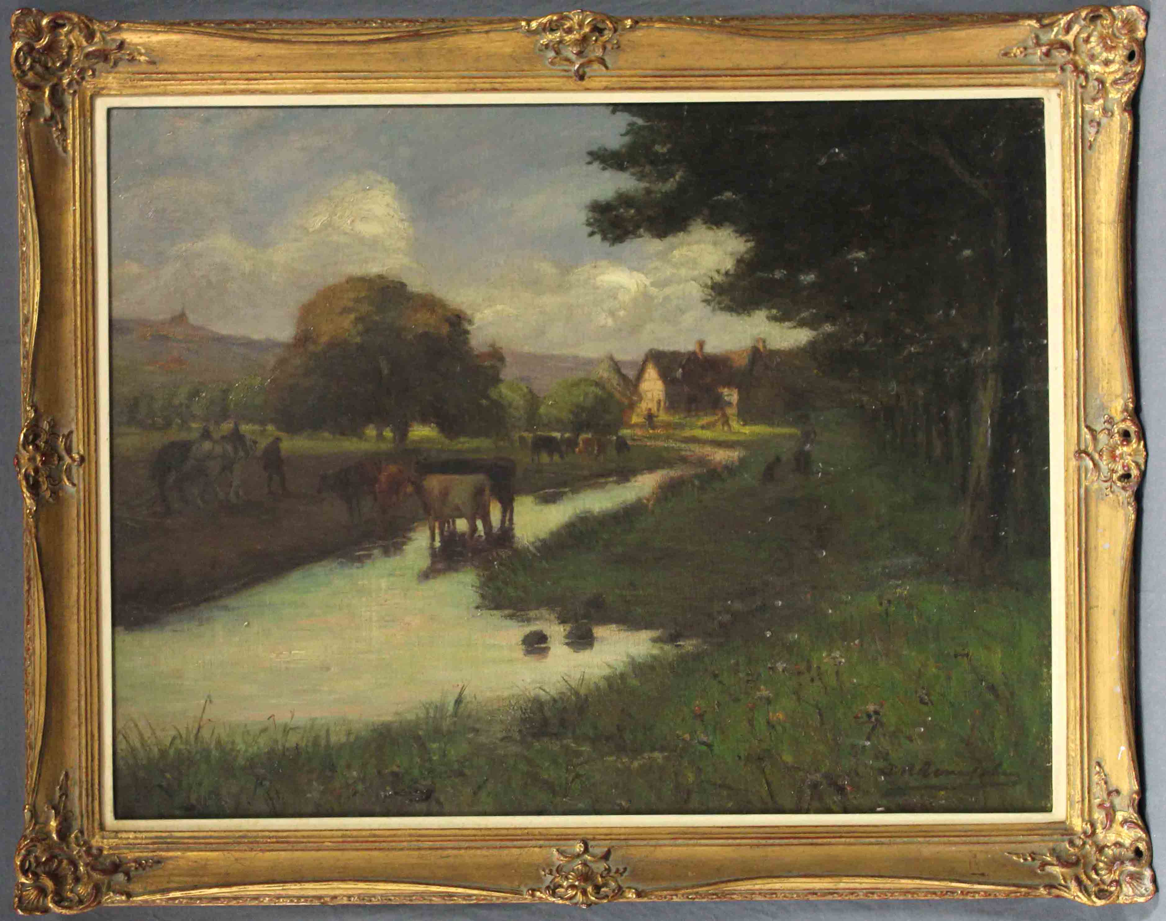 A. REMPLER (1842 -?). Village on the stream with horses, cows, dogs and farmers.63 cm x 80 cm. - Image 2 of 6