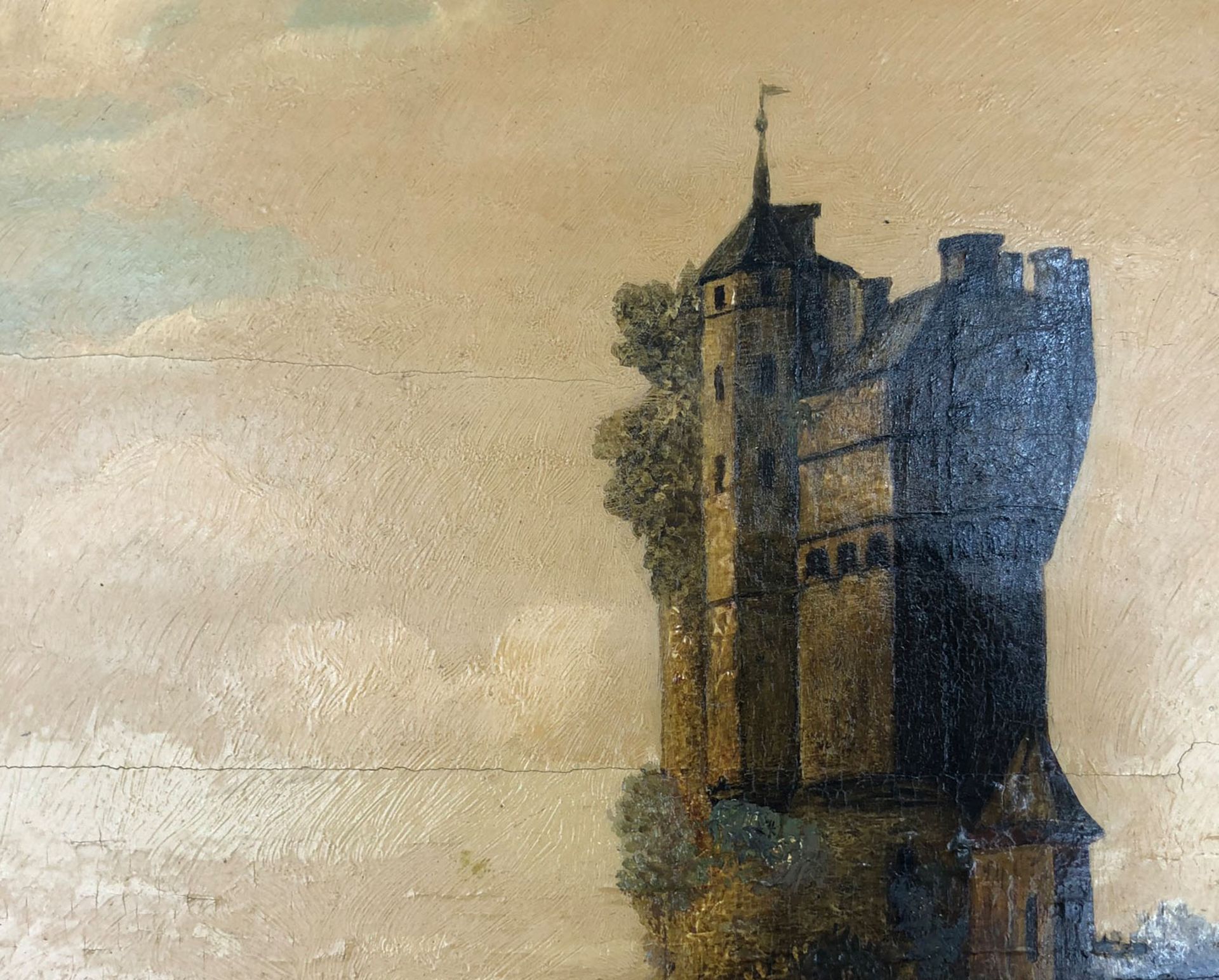 UNSIGNED (XVIII - XIX). Castle complex with boat.61cm x 38 cm. Painting. Oil on wood. No signature - Bild 4 aus 7