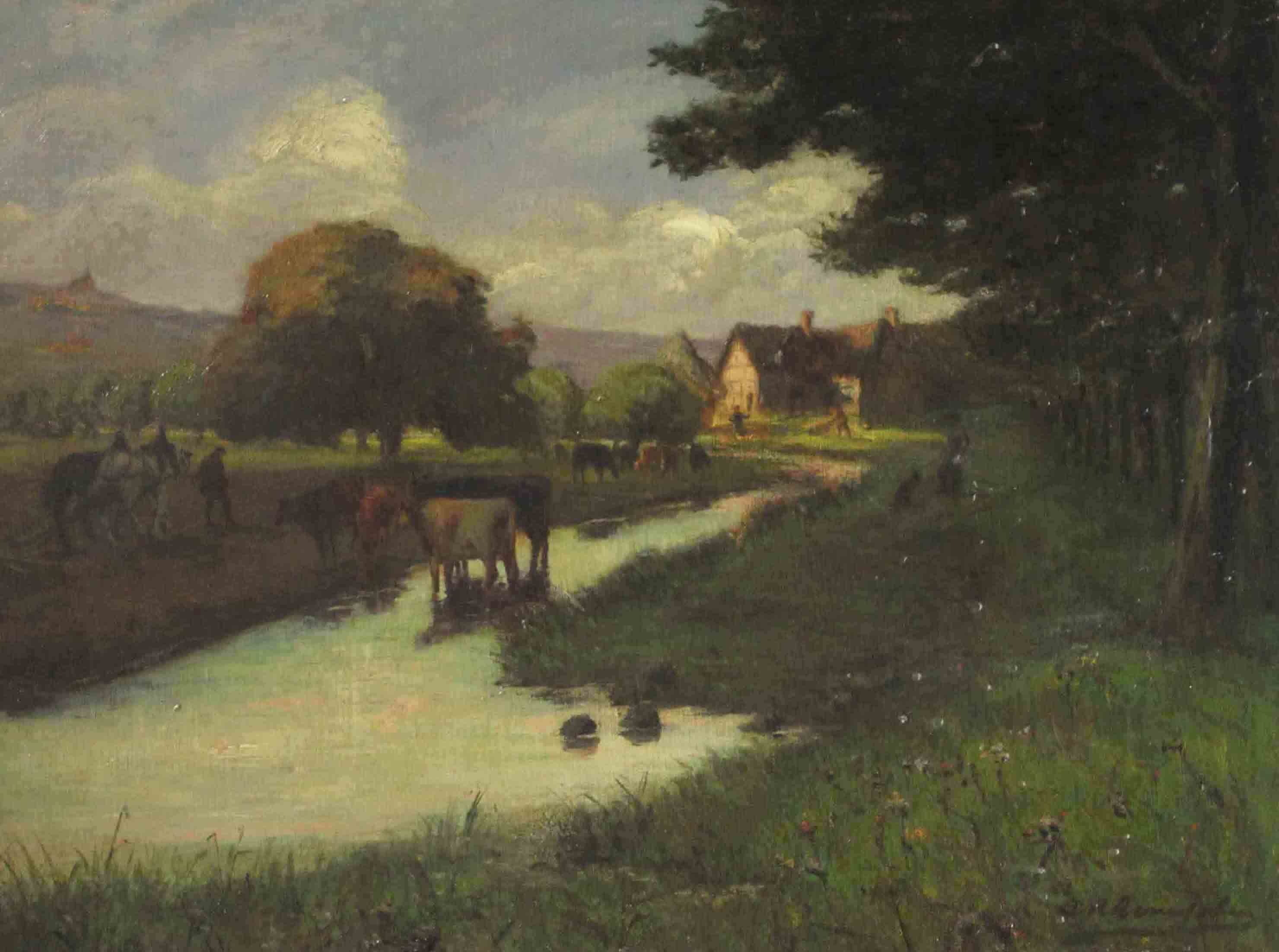 A. REMPLER (1842 -?). Village on the stream with horses, cows, dogs and farmers.63 cm x 80 cm.