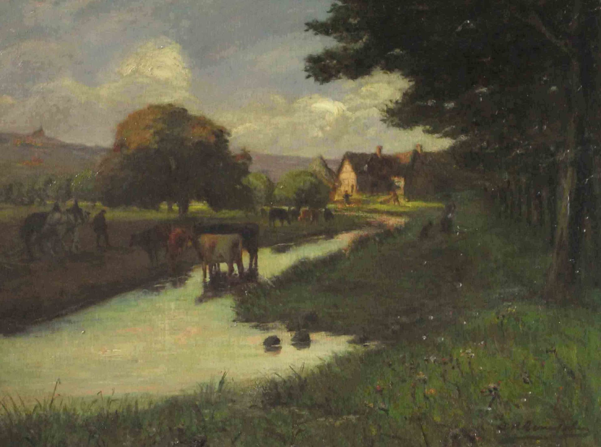 A. REMPLER (1842 -?). Village on the stream with horses, cows, dogs and farmers.63 cm x 80 cm.