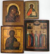 ICONS (XIX - XX). 4 icons probably Russia.2 x Christ, 1x Mary with Jesus, 1 x multi-saint icon. Up