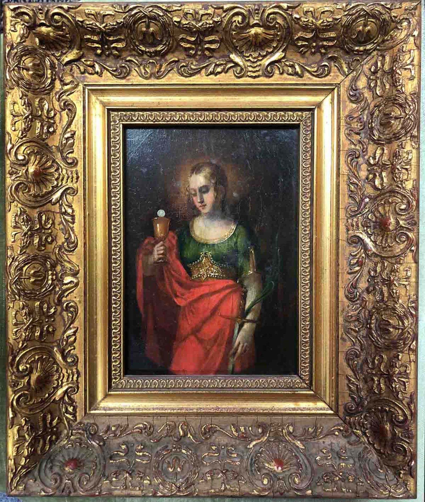 UNSIGNED (XVIII). Saint Barbara of Nicomedia.18 cm x 12.5 cm. Painting. Oil on wood. Attributes: - Bild 3 aus 3