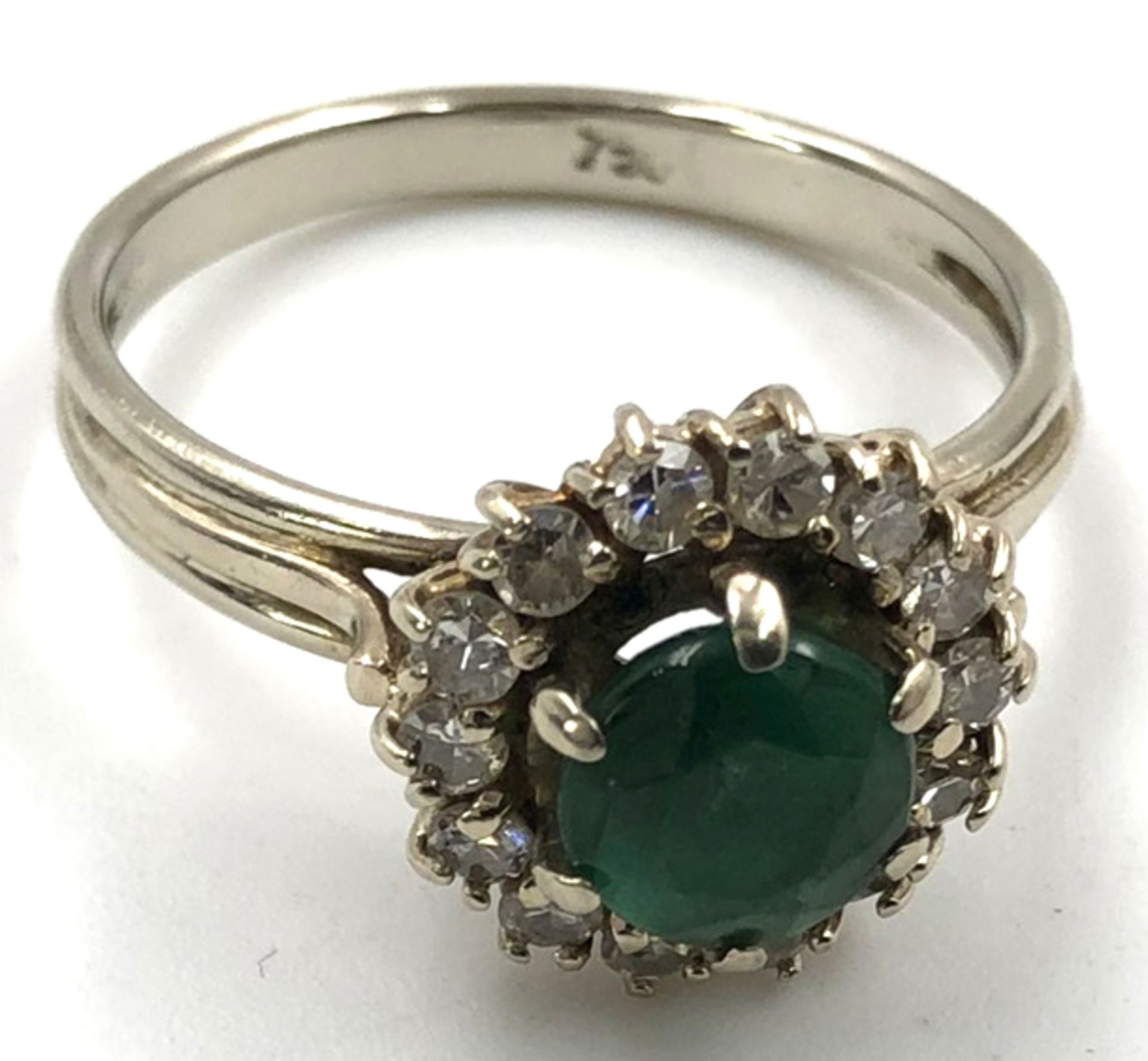 2 rings. 750 gold. 12.6 grams gross.Emerald (proably treated) surrounded by 15 brilliant-cut - Image 8 of 12