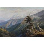 INDISTINCTLY SIGNED (XIX). Romantic mountain landscape.95 cm x 128 cm. Painting. Oil on canvas.