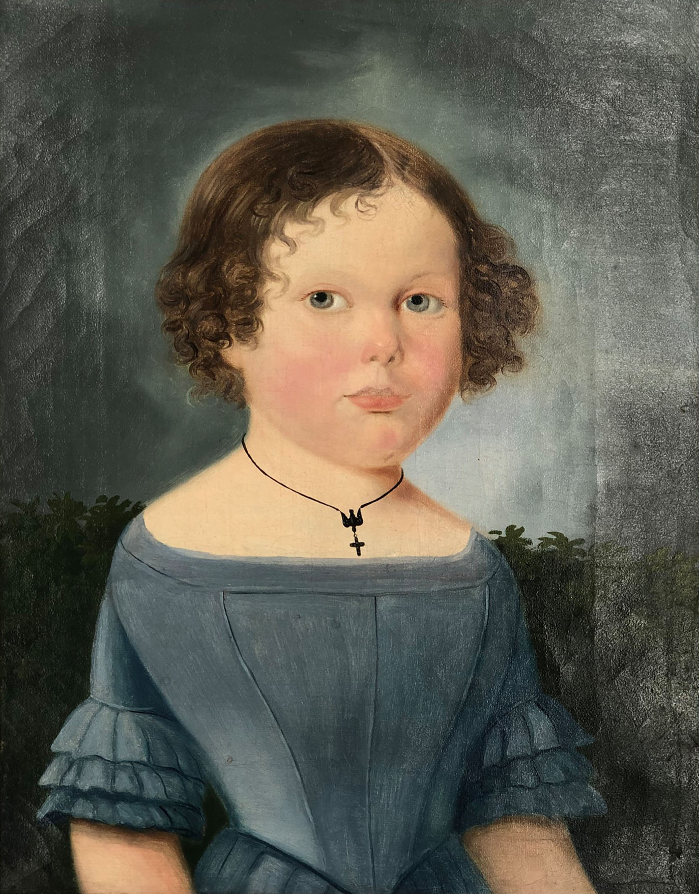 UNSIGNED (XIX). Half portrait of a girl. Biedermeier.38 cm x 30 cm. Painting. Oil on canvas. No