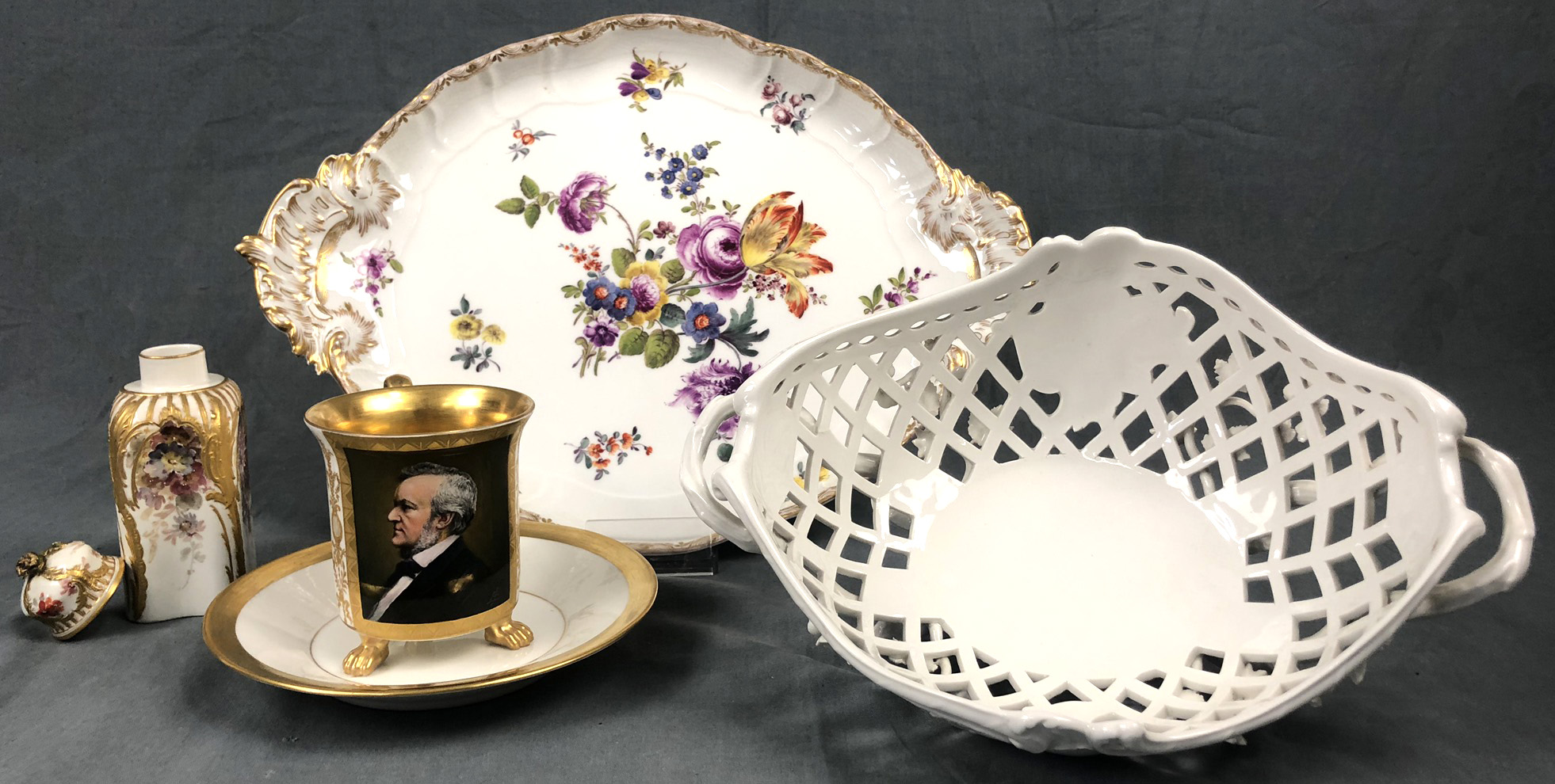 5 items KPM Berlin porcelain.Tray, tea box, breakthrough bowl, portrait cup and saucer. Up to 42 - Image 7 of 11