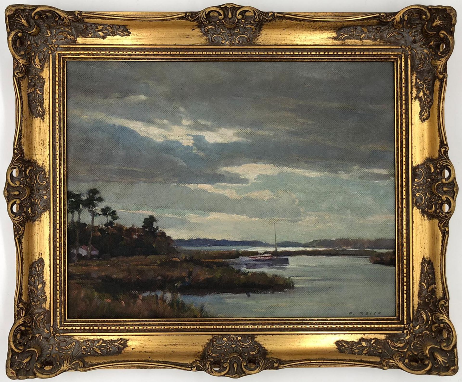 Frank REISZ (XIX - XX). Waterway with sailing ship.40 cm x 50 cm. Painting. Oil on panel. Signed - Bild 2 aus 5