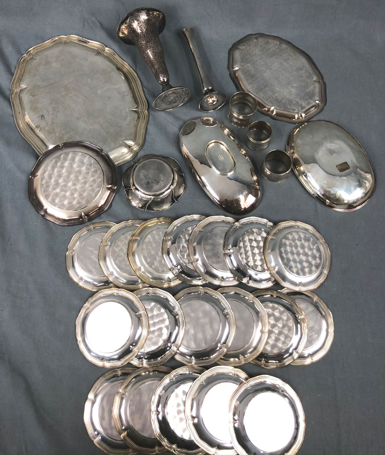 Silver. Trays, coasters, bowls, napkin rings and vases.At least 2353 grams of silver. Weighed - Image 3 of 13