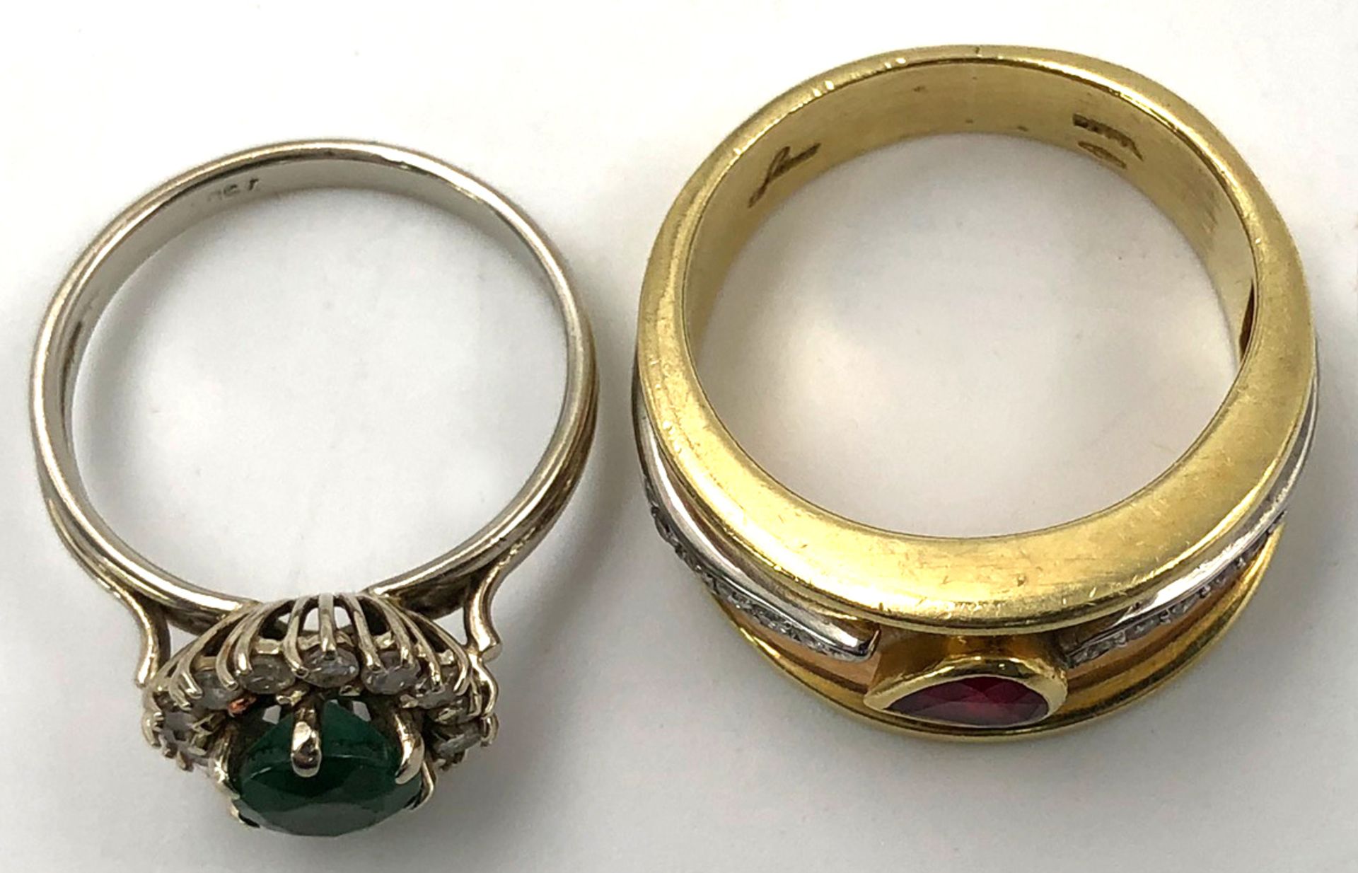 2 rings. 750 gold. 12.6 grams gross.Emerald (proably treated) surrounded by 15 brilliant-cut - Image 5 of 12