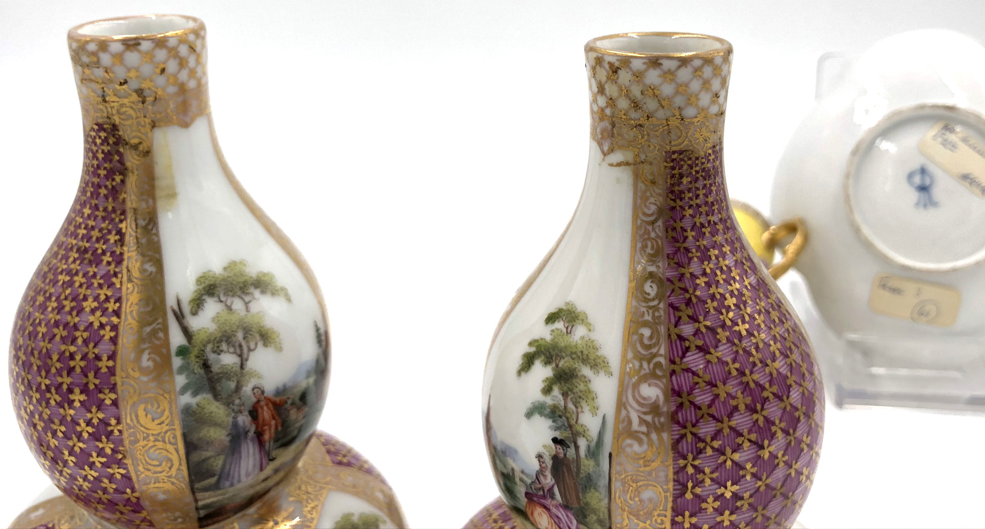 Porcelain. Probably early Meissen.2 double pumpkin bottles with stoppers, '' AR '' mark, and a cup - Image 2 of 13