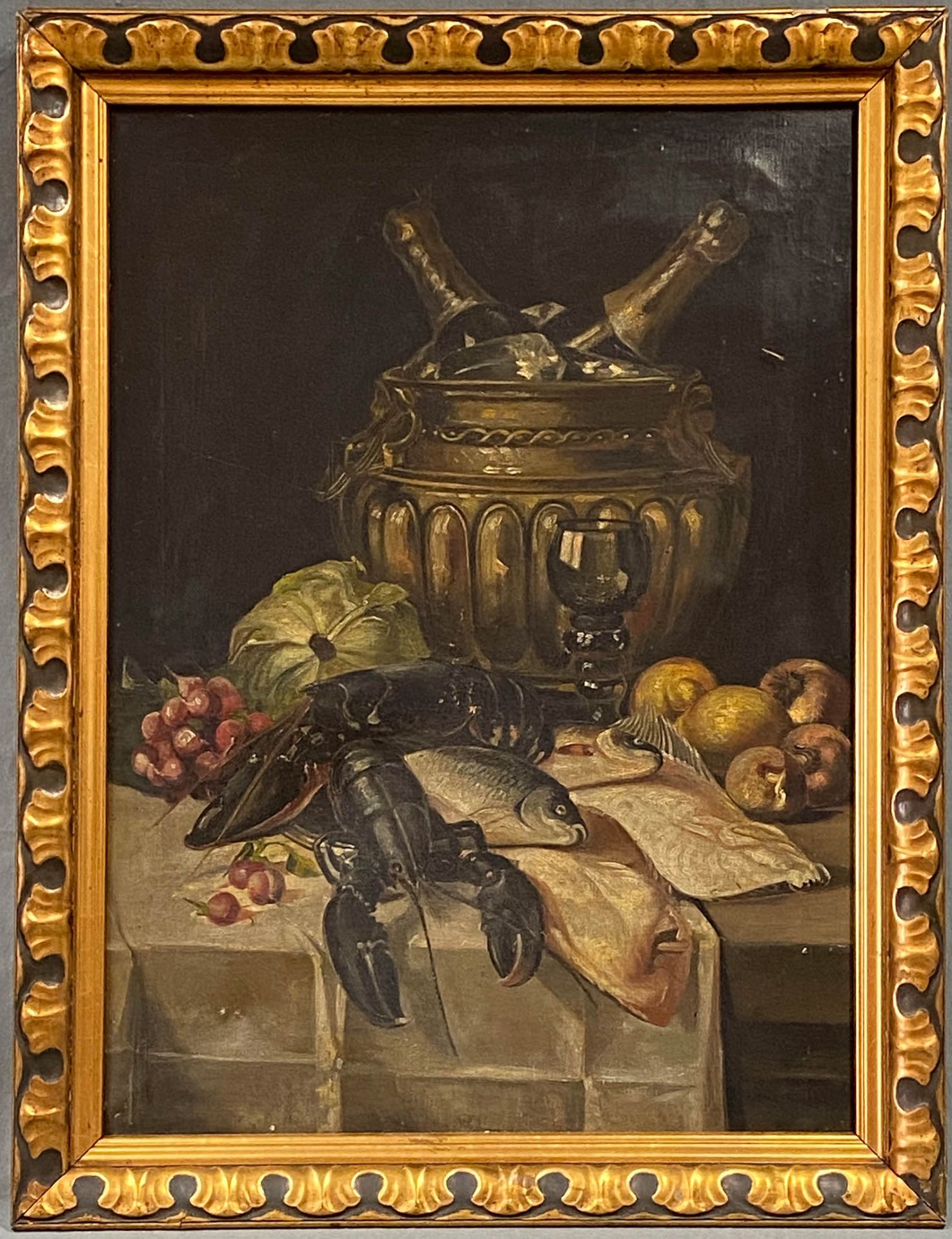 Edward BEYER (1820 - 1865). Sill life with sparkling wine, lobster, fish and fruit.75 cm x 55 cm. - Bild 2 aus 9