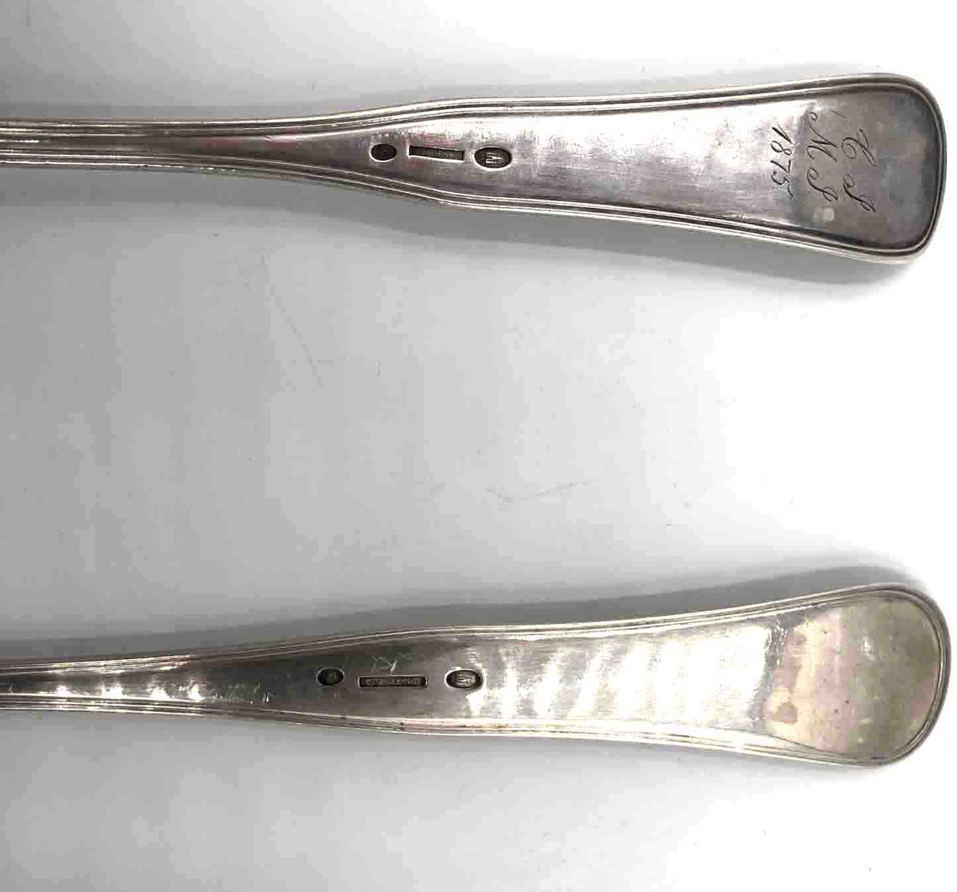 2 large silver spoons, Copenhagen. '' CLEMENT ''.450 grams. Up to 42 cm long. Each with three turret - Image 7 of 10