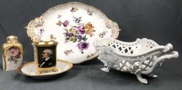 5 items KPM Berlin porcelain.Tray, tea box, breakthrough bowl, portrait cup and saucer. Up to 42