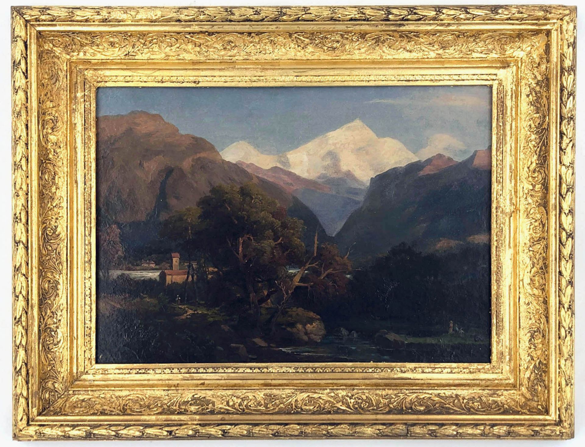BLURRELY SIGNED (XIX). Alpine landscape, lake.26 cm x 35.5 cm. Painting. Oil on board. Signed - Bild 4 aus 5