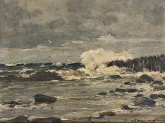 Wilhelm HAMBÜCHEN (1869 - 1939). Rough surf.31 cm x 41 cm. Painting. Oil on plate. Signed lower