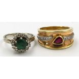 2 rings. 750 gold. 12.6 grams gross.Emerald (proably treated) surrounded by 15 brilliant-cut