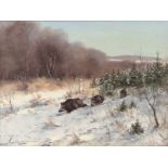 Helmuth SNETHLAGE (1925 - 2011). Wild boar rotte in the snow.30 cm x 40 cm. Painting. Oil on canvas.