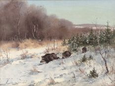 Helmuth SNETHLAGE (1925 - 2011). Wild boar rotte in the snow.30 cm x 40 cm. Painting. Oil on canvas.